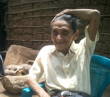 Possibly the last fluent Nawat speaker in his village: the late Tata Lupe (Guadalupe Santos Coreto) outside his house in Cuisnahuat. Photo courtesy of Werner Hernández