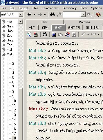 Click to enlarge: the e-Sword programme displaying part of Matthew in Greek, a commentary on verse 18:7, and a dictionary entry for the Greek word skandalon, which occurs in the verse