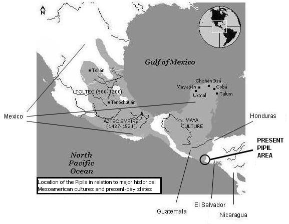 Location of the Pipils in relation to major historical Mesoamerican cultures and present-day states